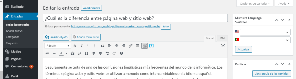 Página web privada artículo de Webolto