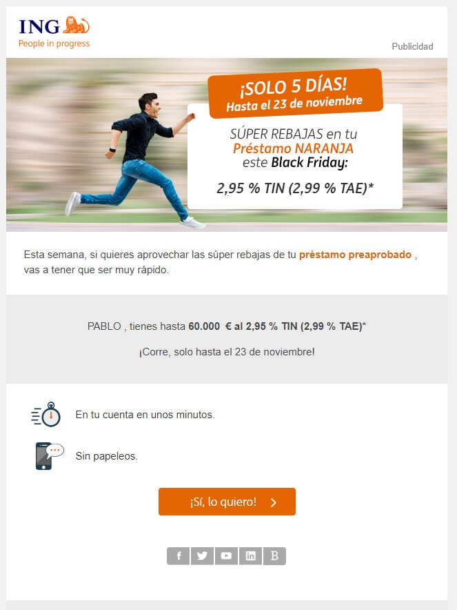 Ejemplo de email de ING Direct que refuerza el sentimiento de urgencia