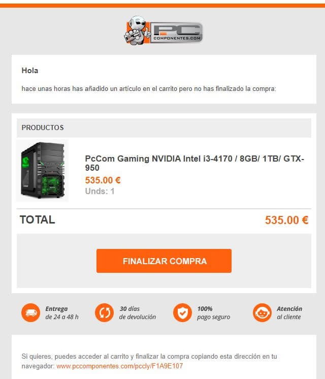 Ejemplo de email de carrito abandonado de PCcomponentes