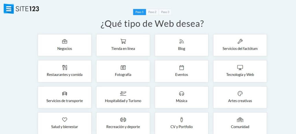 Opiniones de Site123, tipo de web