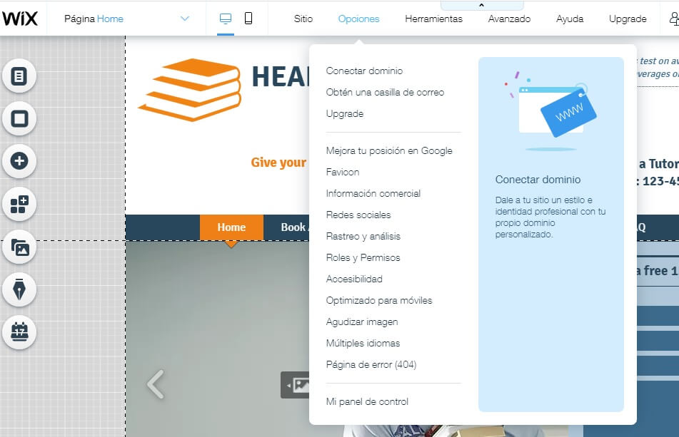 Menú Opciones de Wix