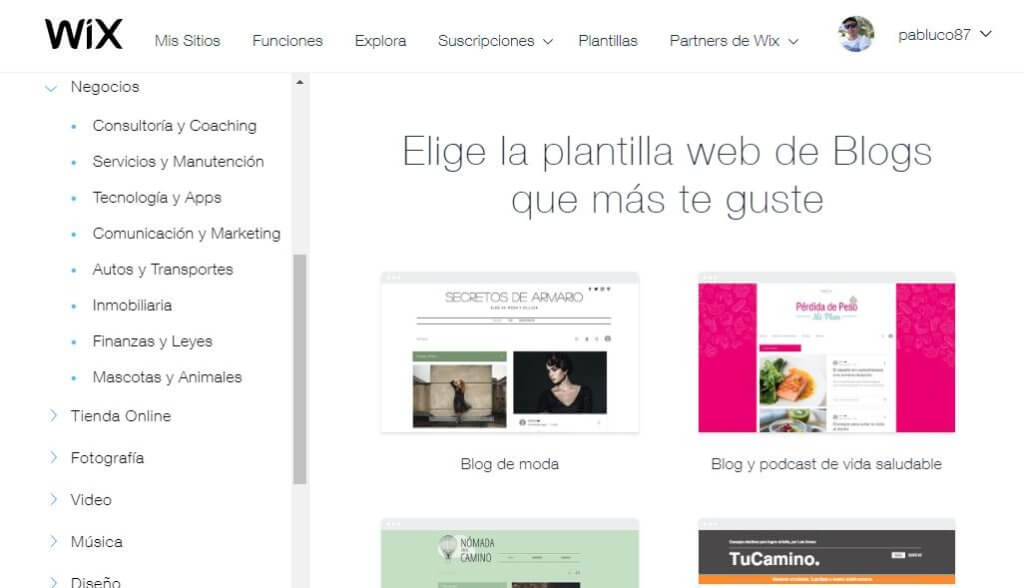 Galería de plantillas de Wix