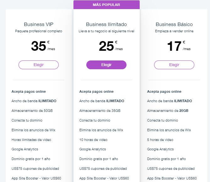 Planes de pago de Wix para crear una tienda online