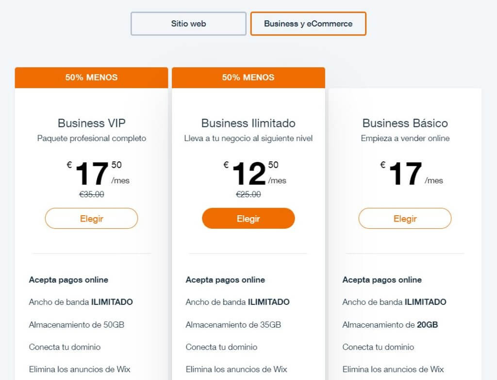 Precio de los planes de e-commerce de Wix