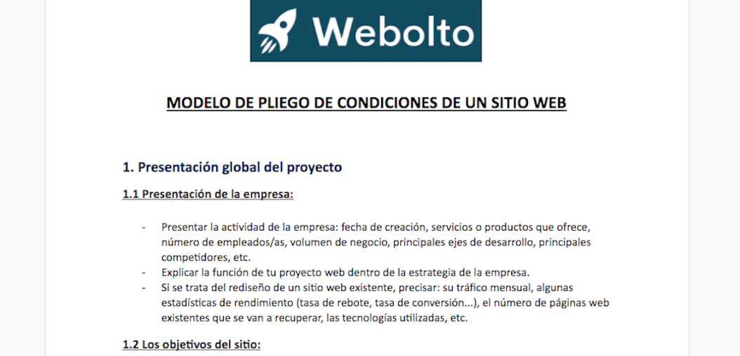 Especificaciones Sitio web