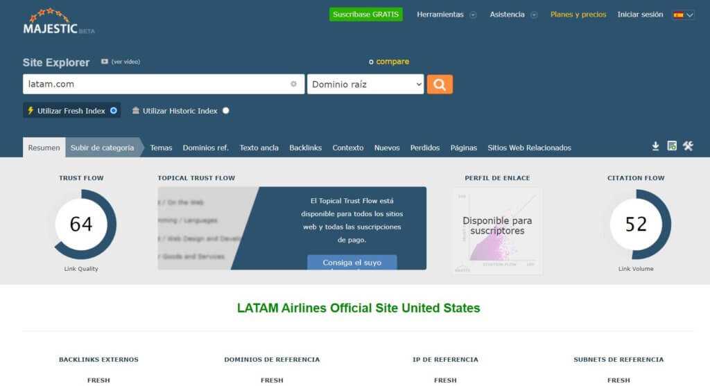 Análisis de Latam Airlines con Majestic SEO