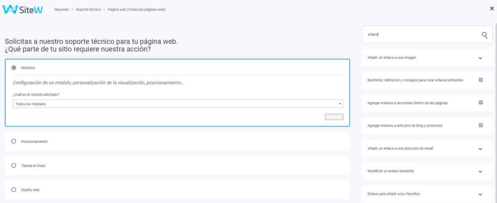 Contacto con el servicio técnico de SiteW