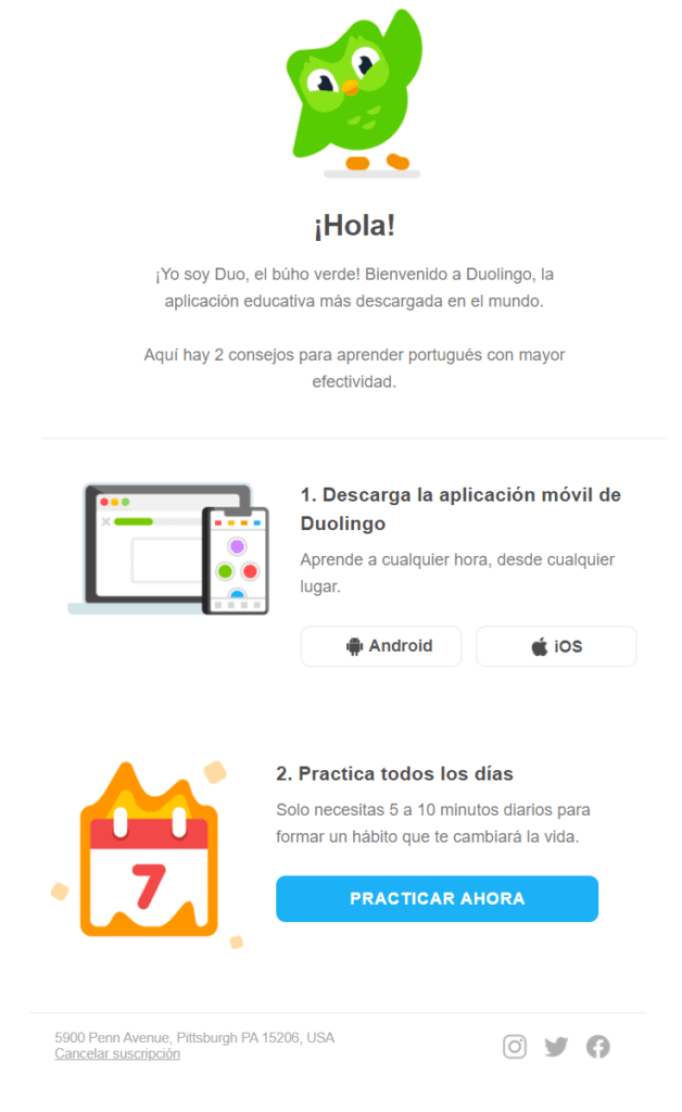 Ejemplo de email promocional de Duolingo