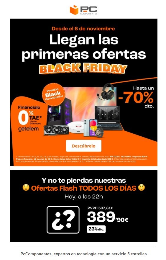 Ejemplo de correo electrónico promocional de Black Friday de PcComponentes