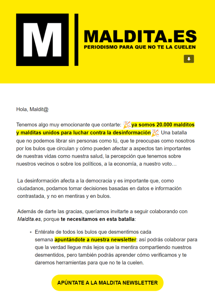 Ejemplo de email marketing de Maldita.es
