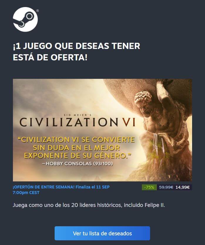 Ejemplo de email marketing de Steam