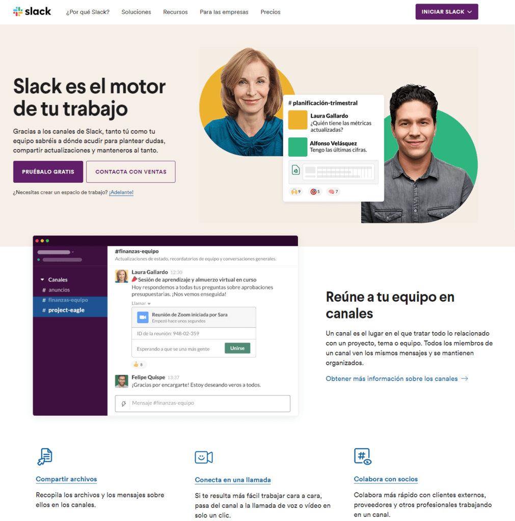 Página principal del sitio web de Slack