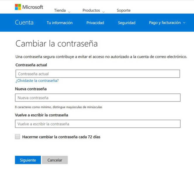 Una aplicación web dabe permitir cambiar la contraseña caso de Microsoft