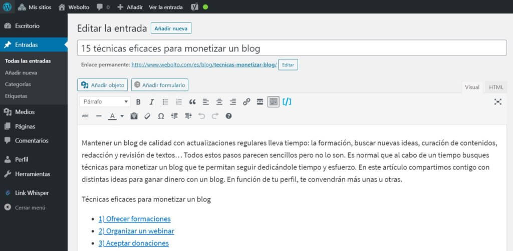 Diferencia entre blog y sitio web editor WordPress de Webolto