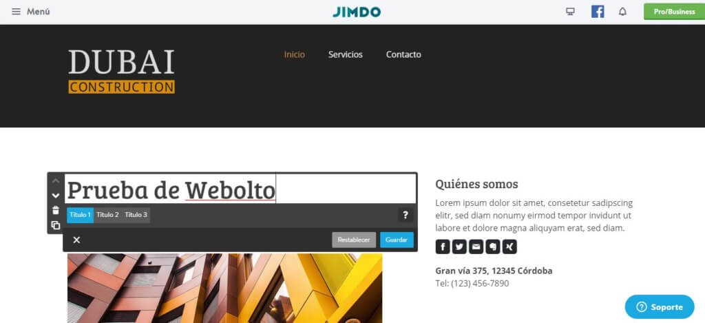 Editor no code de Jimdo para crear un sitio web