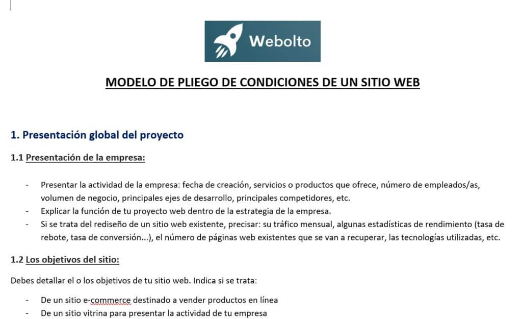 Modelo de pliego especificaciones de un proyecto de sitio web elaborado por Webolto