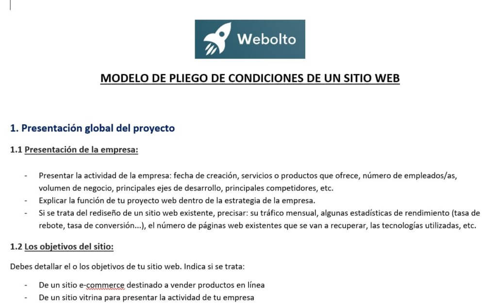 Crear una página web barata modelo de pliego de condiciones