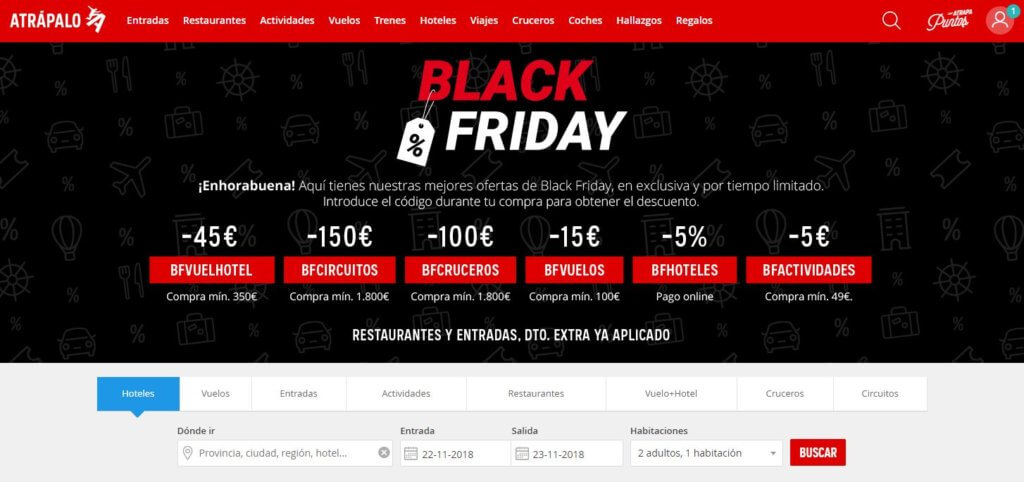 Ejemplo de landing page por el Black Friday de Atrápalo