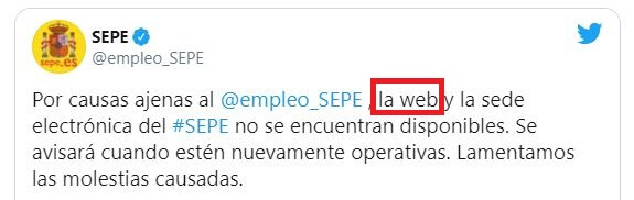 Diferencia entre página web y sitio web ejemplo de tuit del SEPE empleo España