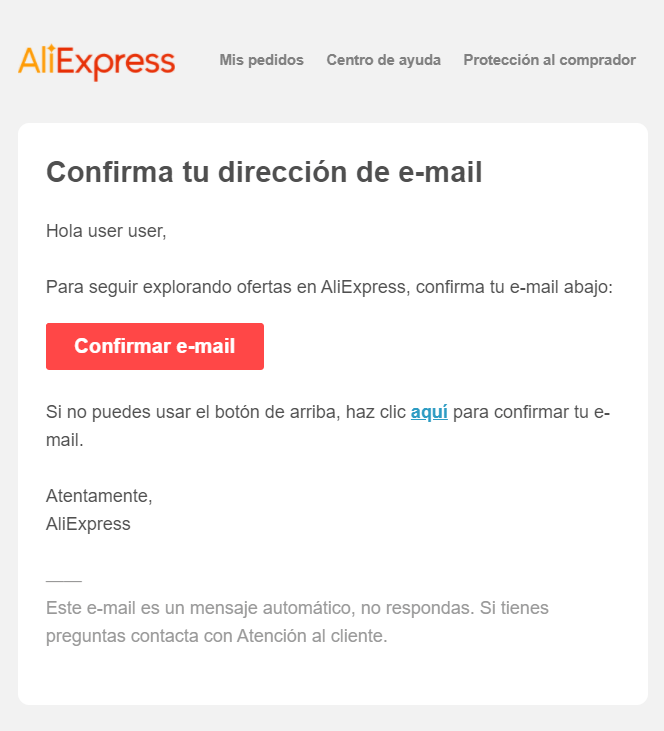 AliExpress confirmación de email