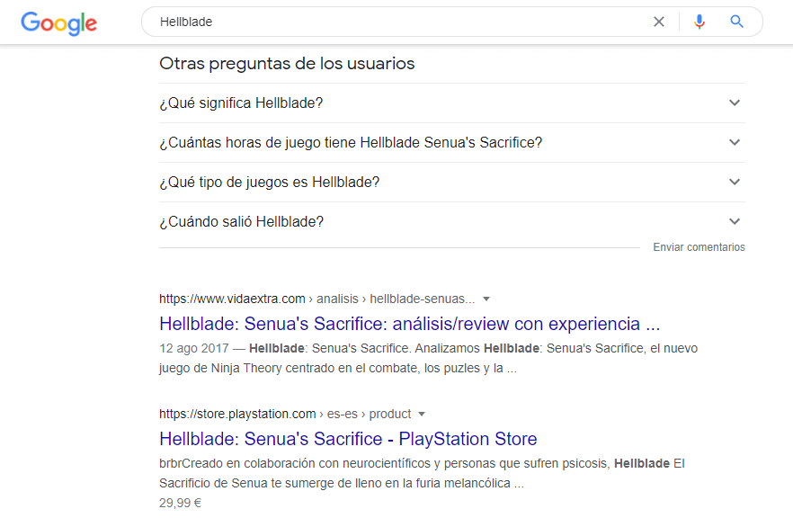Búsqueda en Google de videojuego Hellblade