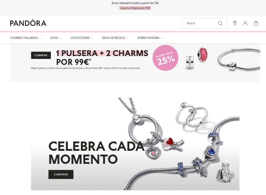 Ejemplos de sitios web comerciales Pandora joyería