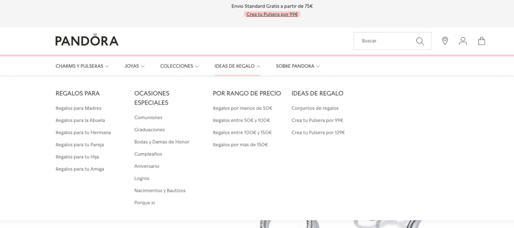 Menús de navegación del ecommerce de Pandora