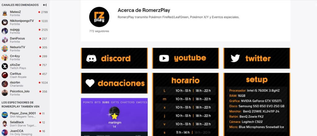 opciones de monetización e información de canal en Twitch, ejemplo de RomerzPlay