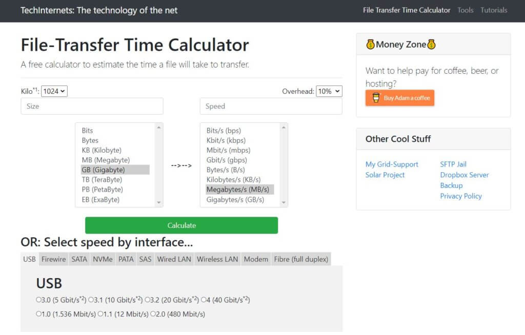 File-Transfer Time Calculator para calcular cuánto tiempo se tarda en enviar archivos