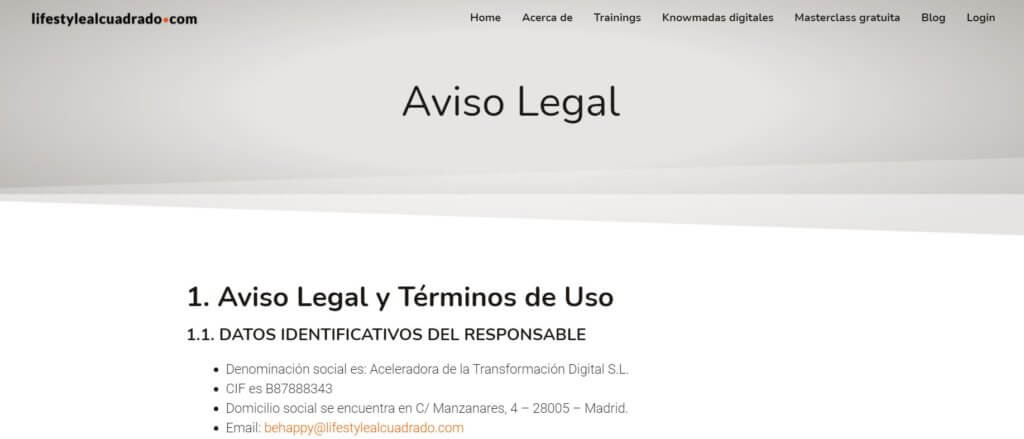 Aviso legal de la web de Lifestyle al cuadrado