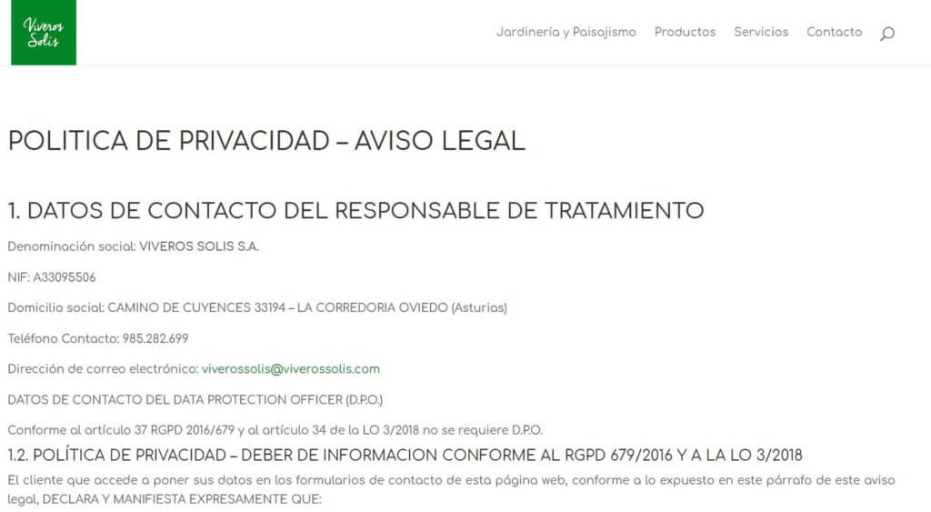 Aviso legal de la web Viveros Solís