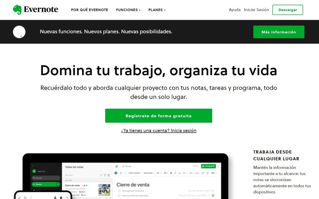 Ejemplos de homepage Evernote