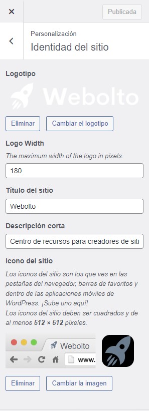 Configuración del favicon de Webolto en el área de administrador de WordPress