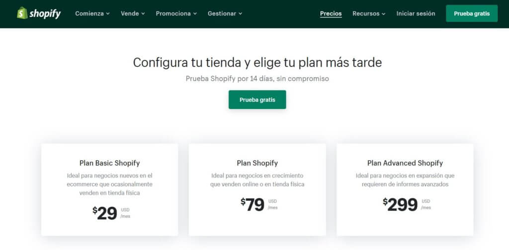 plataformas de comercio electrónico precios de Shopify