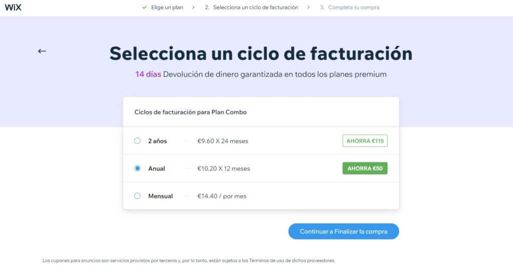 Tarifas de Wix según el ciclo de facturación