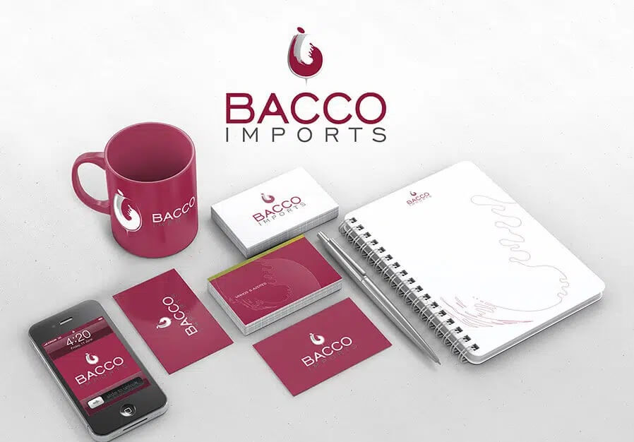 Nombre de empresa de Bacco Imports en diferentes soportes 