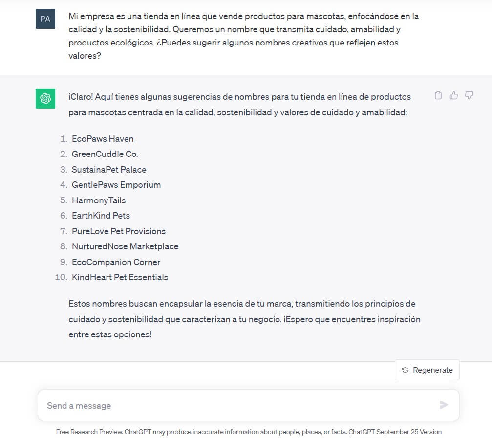Ejemplo de uso de ChatGPT como generador de nombres de empresas