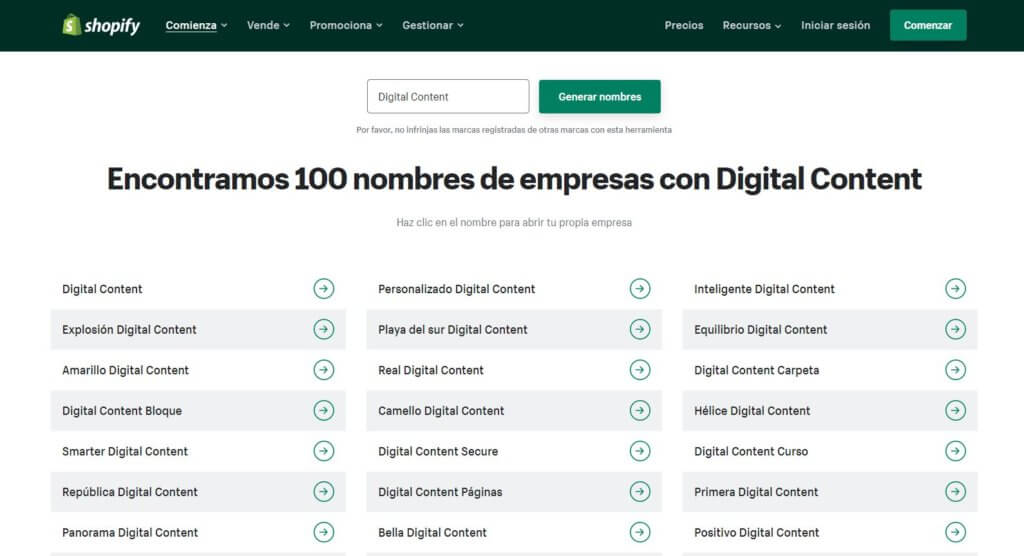 Generador de nombres de empresas de Shopify