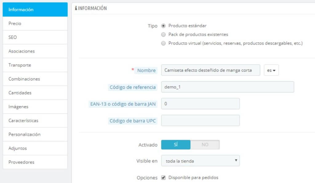 Ficha de producto en Prestashop