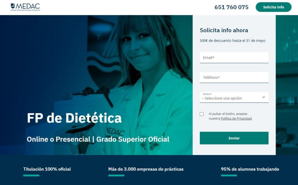 Ejemplo de landing page transaccional del instituto MEDAC