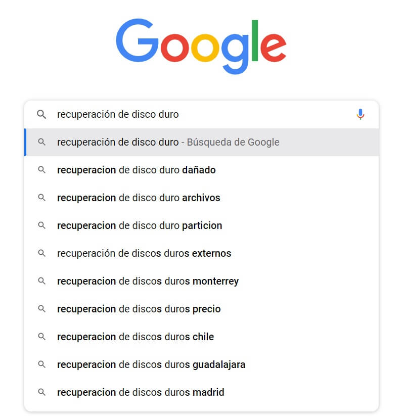 Propuestas de autocompletar de Google para recuperación de disco duro