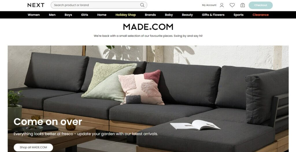 Ejemplo de tienda online de muebles Made.com de Next