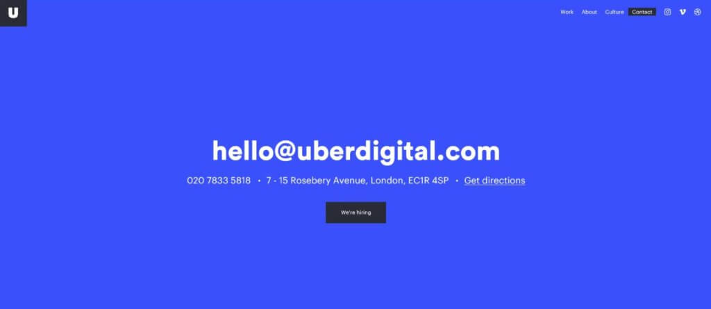 Datos de contacto de Uberdigital que son un modelo para una página web sencilla