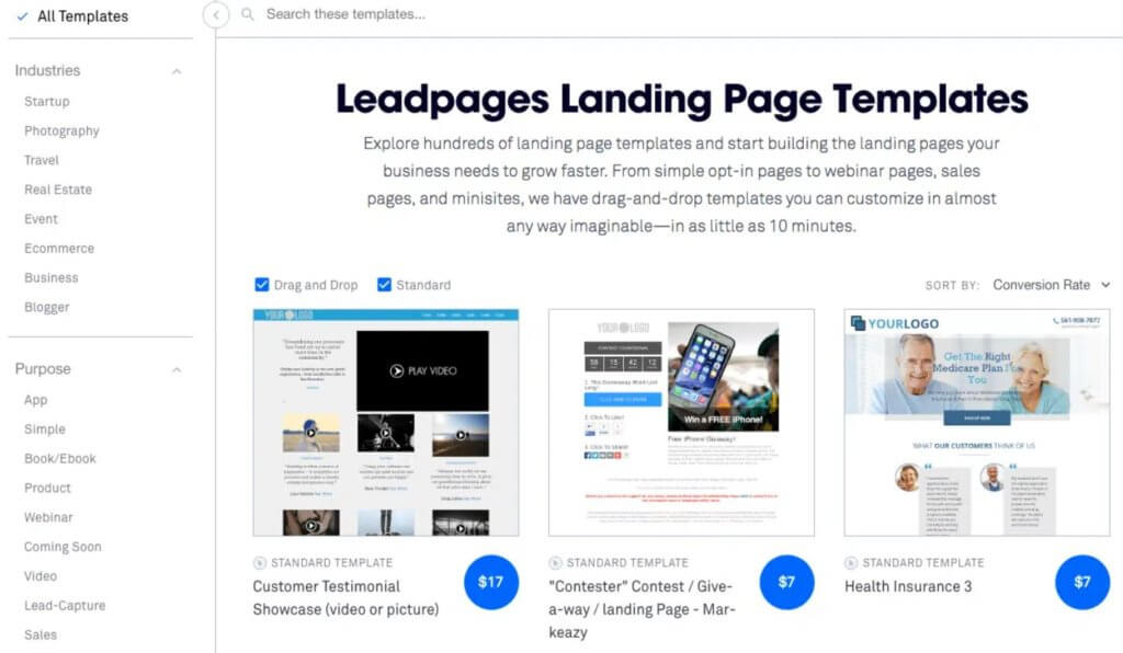 Plantillas de LeadPages software para crear landing pages