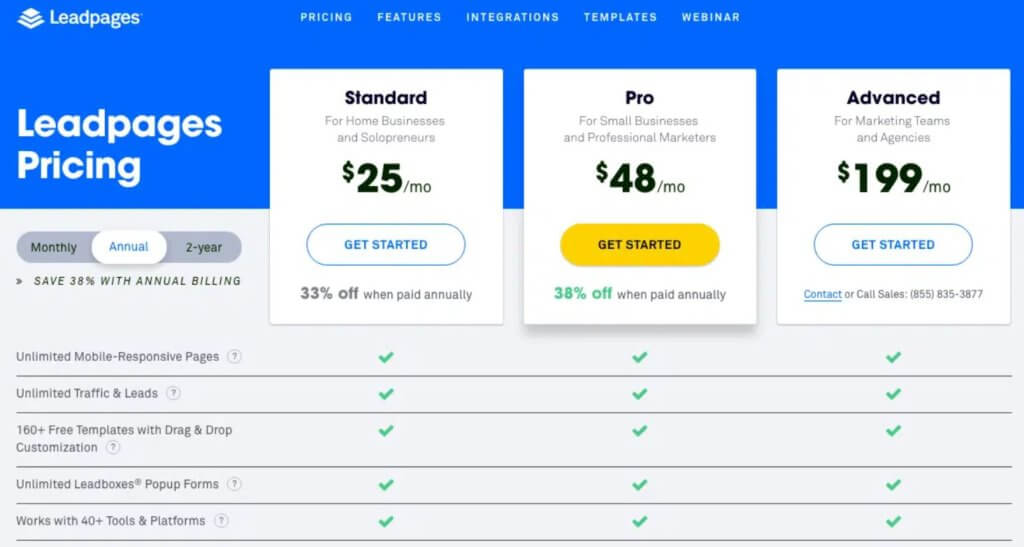 Tarifas de LeadPages software para crear landing pages