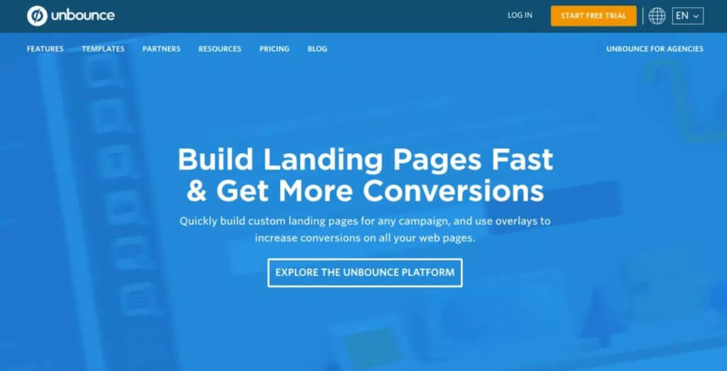 Página principal de Unbounce software para crear landing pages