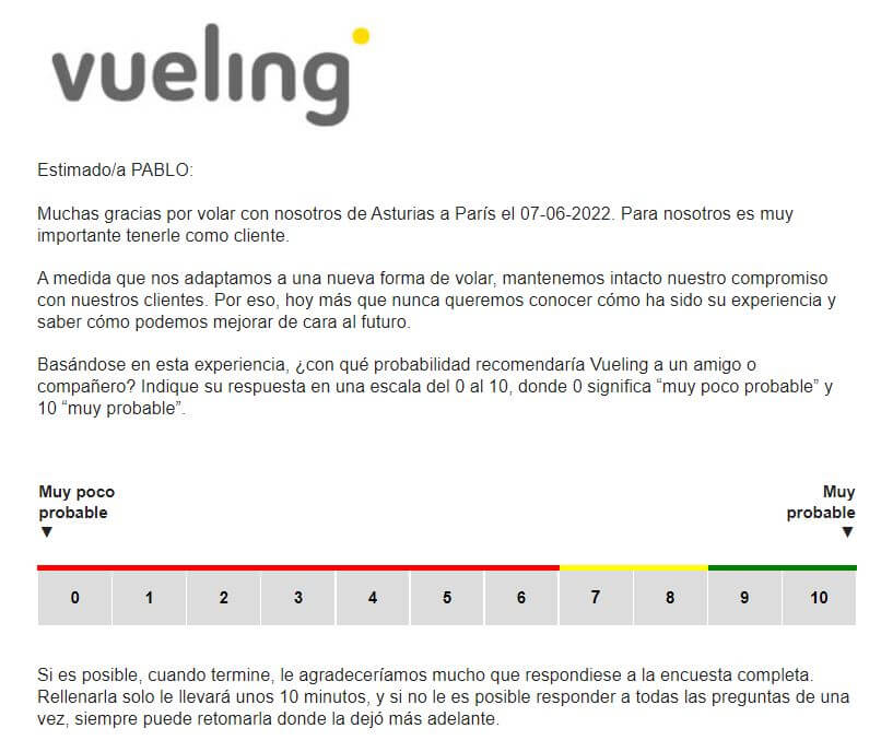 Encuesta de satisfacción de Vueling enviada con marketing automation