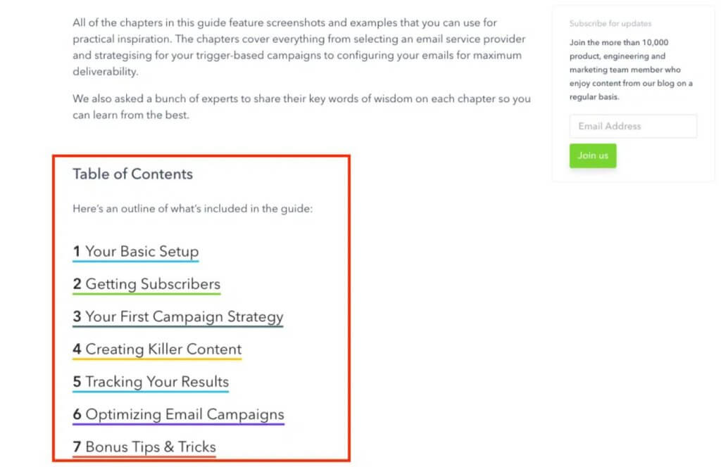 Tabla de contenidos de la guía de email marketing de GetVero
