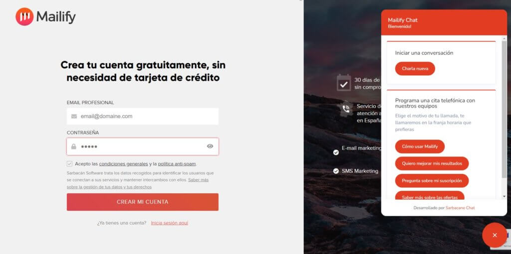 Ejemplo de chat integrado en el sitio web de Mailfy