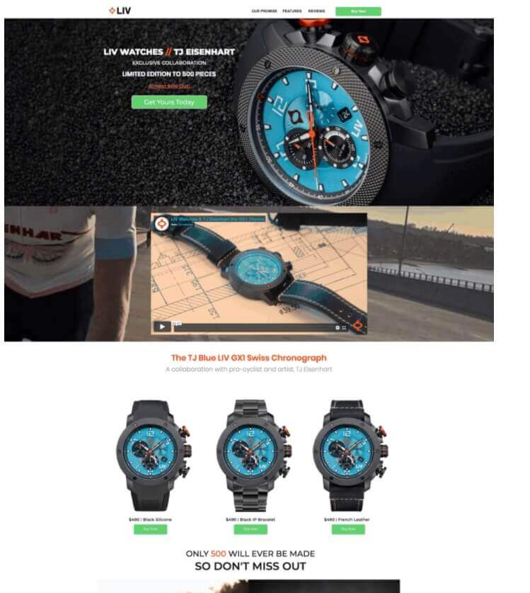 Landing page de ecommerce de Live Watches
